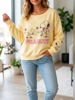 Peanuts Yellow Snoopy Crewneck with Pink Graphic